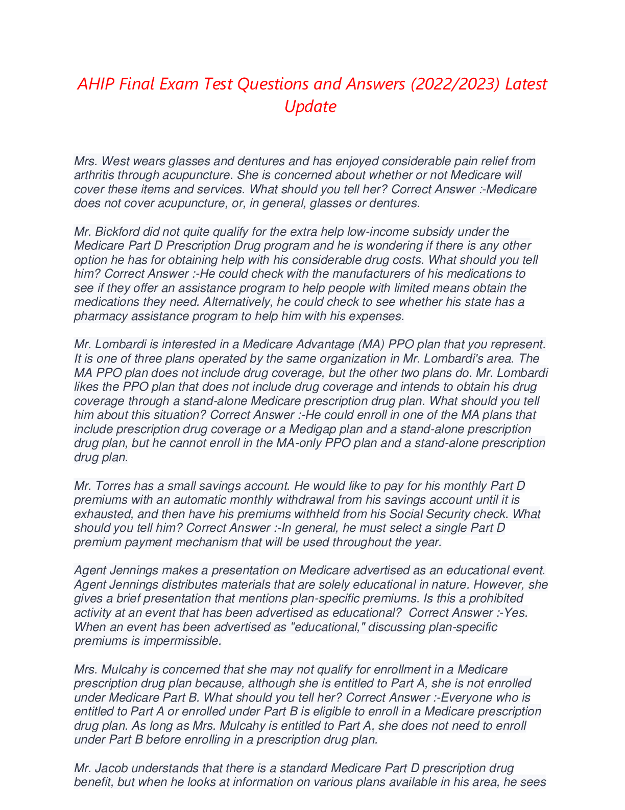 Preview image for AHIP Final Exam Test Questions and Answers (2022/2023) (Verified Answers by GOLD rated Expert, Downl...